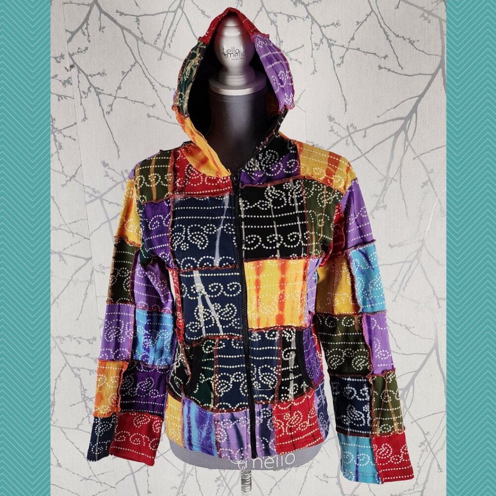 Colorful Rainbow Patchwork Cotton Full Zip Hoodie Nepal Y2K